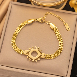 Golden double-layer stainless steel bracelet featuring sun pendant and Morse code design