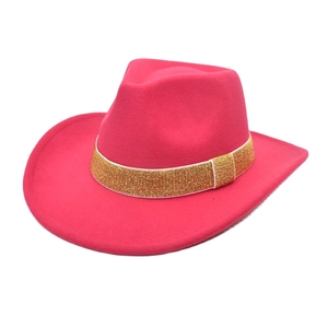 Détail d'un chapeau de cow-boy en laine rose avec bande de paillettes dorées brillantes