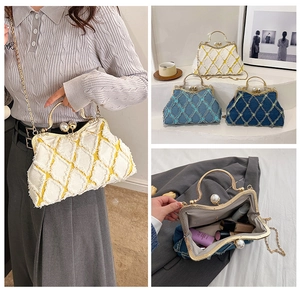 Detailed views of quilted denim shell bag with pearl clasp and metal chain strap