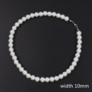 Detail shot of 10mm white faux pearl necklace with silver lobster clasp on black background