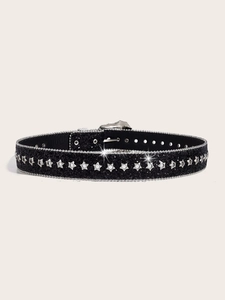 Detail of black glitter belt with silver star studs and metal buckle closure