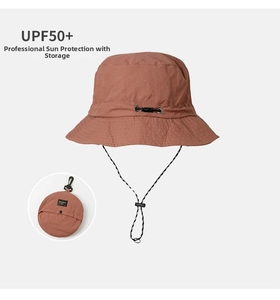 Detail of waterproof packable sun hat in rust red with integrated storage bag