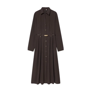 Long Sleeve Shirt Dress For Women Belted Coffee Color Polyester Lapel Midi Elegant Button Down Office Lady