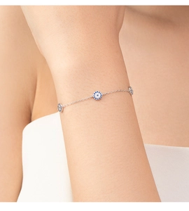 Close-up of s925 silver Evil Eye bracelet with blue and clear crystals on a model wrist