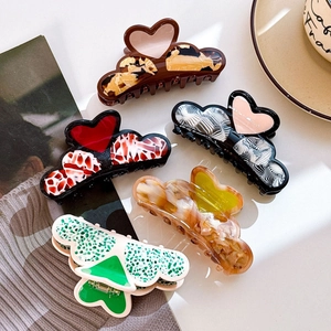 Large Acetate Hair Claw Clip Vintage Heart Shape Retro Patchwork Design Elegant Hair Jaw Clip For Women