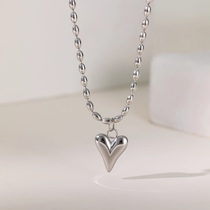 Silver beaded chain necklace with a sleek 3D heart pendant for women and friends