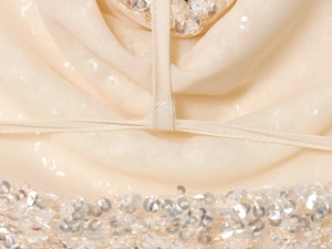 Détail de paillettes champagne et de tulle transparent sur le haut sexy dos nu