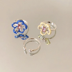 Three-piece floral open ring set with enamel flowers and sparkling crystals