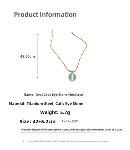 Detail of oval cat's eye necklace with gold titanium chain and dimension measurements