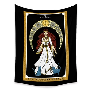 Detail of Freyja Goddess Tarot tapestry with Wheel of Fortune design on white background