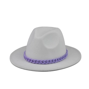 Close-up of light gray wool felt fedora hat with unique lavender purple chain link band