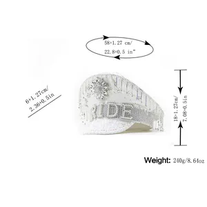 Size chart showing height and diameter of white bride captain hat with crystal fringe