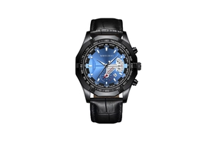 Detail of automatic mechanical watch with blue dial, date display and black leather strap