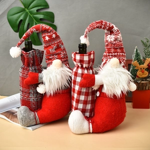 Christmas faceless gnome wine bottle cover with red and grey plaid hats and long beard