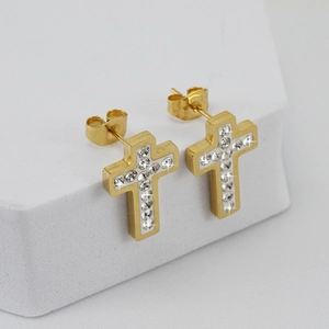 Stainless Steel Cross Stud Earrings 18K Gold Plated Rhinestone Hollow Out Religious Fashion Jewelry For Women
