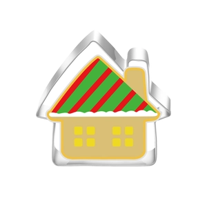 Detail of house-shaped stainless steel cookie cutter with gingerbread house illustration