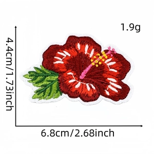 Detailed view of hibiscus flower embroidered patch with precise size measurements