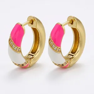 Golden rectangular enamel hoop earrings with pink white contrast and cubic zirconia