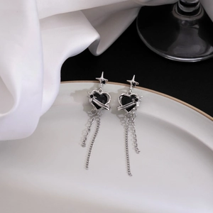 Silver star earrings with black heart charms and layered long tassel chain fringe