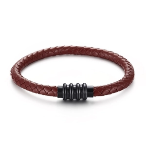 Men's braided microfiber leather bracelet with black magnetic clasp on white background