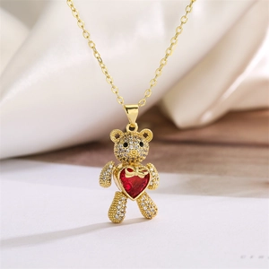 Bären Anhänger Halskette Kupfer Zirkon Mikro Eingelegt Bewegliche Glieder Herzstein Süßer Modeschmuck Für Damen