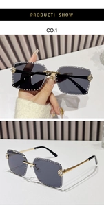 Detail of rimless square sunglasses featuring hand-set crystals and grey gradient lenses