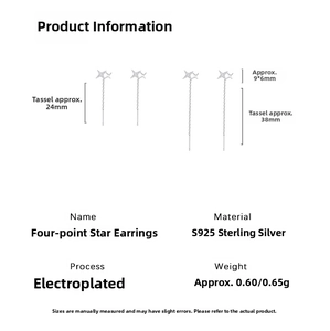 Detailed size specifications of S925 sterling silver four-pointed star tassel earrings