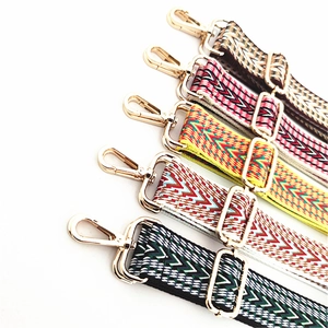 Detailed view of colorful jacquard ethnic style bag straps with gold metal hardware