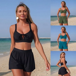 Women Sporty Two Piece Swimsuit Hollow Out Top And Bottom High Waisted Bikini Set Padded Quick Dry Nylon Bathing Suit