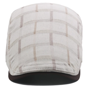 Classic light grey plaid cotton flat cap with contrasting dark brown peak for men