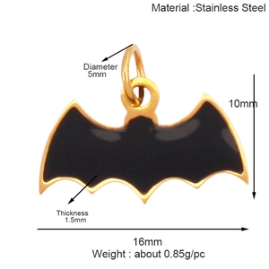 Detail showing dimensions of gold-rimmed black batman pendant in stainless steel material