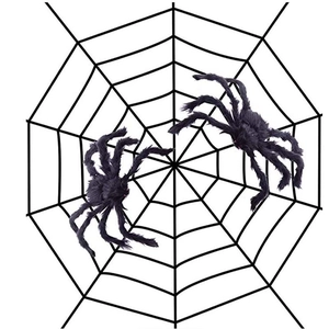Close-up of black fuzzy Halloween spiders with red eyes on a large woven spider web