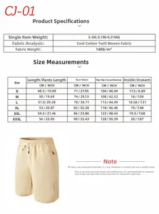 Detailed size chart for quick dry tactical beach shorts with fabric weight information