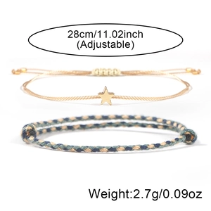 Adjustable hand-woven star bracelet set with gold cord and multi-color braided rope
