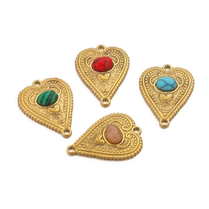 Four heart-shaped stainless steel connectors with colorful stones for DIY jewelry making