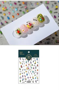 Detail of TS-1516 cartoon nail stickers with hand-drawn characters and colorful heart patterns