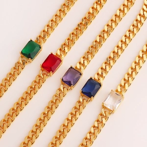 Elegant gold plated cubic zirconia Cuban chain bracelets in five vibrant gemstone colors