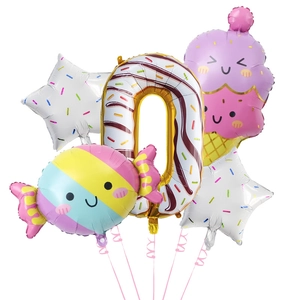 Detail of sweet dessert foil balloons set including donut zero and ice cream cone