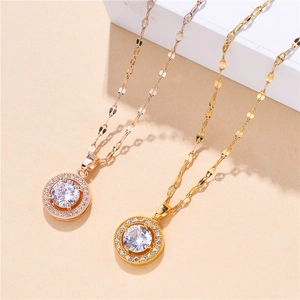 Fashionable gold and rose gold titanium necklaces with round zircon pendants for women