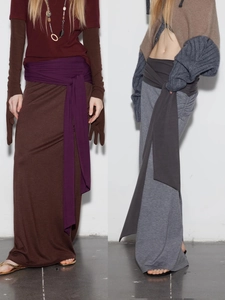 Women Retro Knitted Skirt Patchwork Color Block Waist Tie High Waist Slim Long Skirt Hip Covering Chic Bottoms