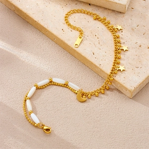 Double-layered gold stainless steel anklet with white beads, star and moon pendants