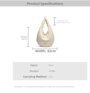 Détail du sac cabas en polyester crème avec dimensions et poids léger de seulement 0,14 kg
