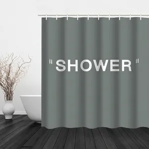 Rideau de douche gris minimaliste avec texte SHOWER blanc et tissu imperméable