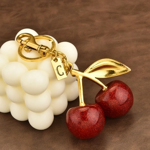 Fashion cherry keychain with red resin fruit and golden letter C pendant charm