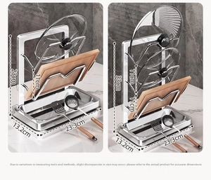 Close-up of stainless steel pot lid rack with dimensions and water drainage tray