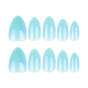 Short almond press-on nails with blue aurora cat eye pearl finish and 10 pieces set