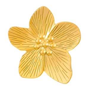 Minimalist gold stainless steel open ring with textured flower design on white background