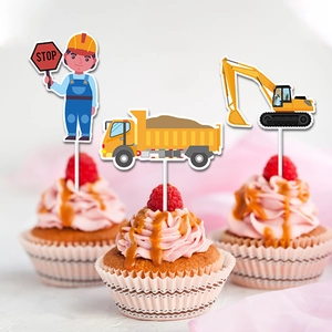 Construction themed cupcake toppers featuring worker, dump truck, and excavator for parties