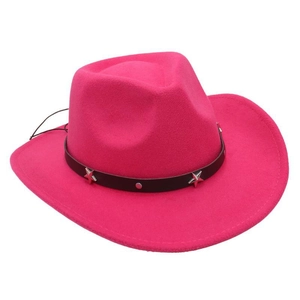 Macro detail of magenta felt cowboy hat with black star-studded band and silver rivets