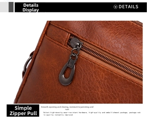 Detailed close-up of brown litchi pattern leather texture and metal zipper hardware